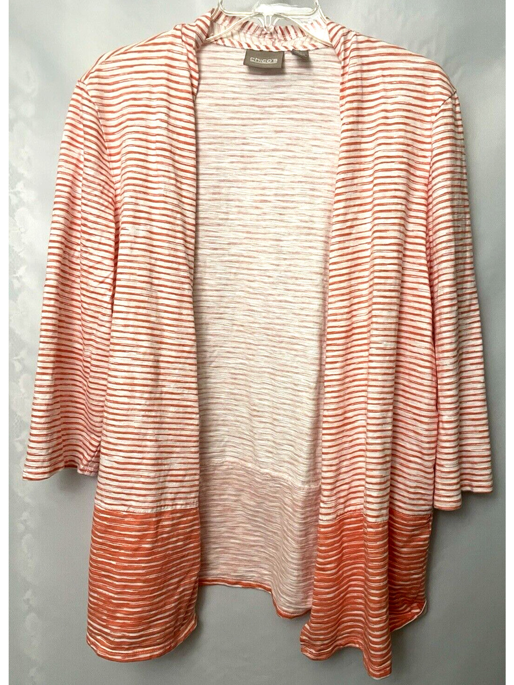 Chicos Sweater Women's Size 3 Costal Coral Striped Open Knit Jacket Long Sleeve